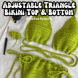 May include: A green crochet bikini top and bottom with adjustable straps. The top is a triangle style and the bottom is a high-waisted style. The bikini is laid out on a white surface with a crochet hook and yarn.