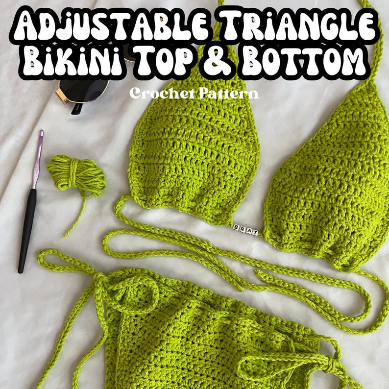 May include: A green crochet bikini top and bottom with adjustable straps. The top is a triangle style and the bottom is a high-waisted style. The bikini is laid out on a white surface with a crochet hook and yarn.