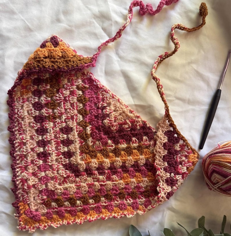 Warm-Tone Granny Bandana crochet bandana pattern listing photo by WoolyMamaCrochets