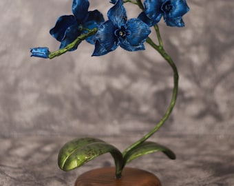 Blue metal orchid - Hand-forged iron flower - Anniversary gift