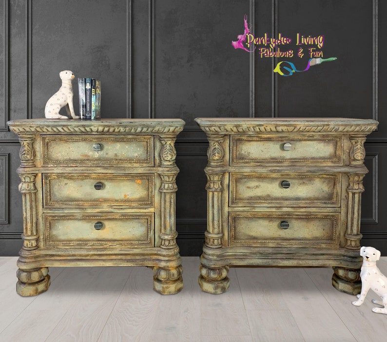 Nightstands Pair Two Vintage Wood Green Gray Patina Oversized Bedroom