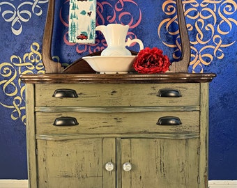 Hand Painted Wash Stand Chest Coffee Station Moss Green