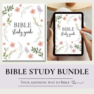 May include: A digital Bible study guide bundle with a floral design. The text reads "Bible Study Guide" and "Your Aesthetic Way to Bible".