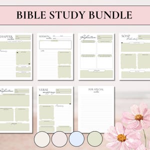 Elevated 6-piece Bible Study Bundle in a serene light green palette, featuring an elegant floral overlay mockup. This sophisticated digital collection includes professional layouts for Verse Mapping, SOAP Method, Chapter Notes, Sermon Notes, and personal Reflection for an intentional journaling practice.