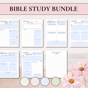 Curated 6-piece Bible Study Bundle in a serene light blue palette, featuring an elegant floral overlay mockup. This sophisticated digital collection includes professional layouts for Verse Mapping, SOAP Method, Chapter Notes, Sermon Notes, and personal Reflection for an intentional journaling practice.