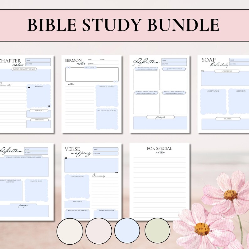 Curated 6-piece Bible Study Bundle in a serene light blue palette, featuring an elegant floral overlay mockup. This sophisticated digital collection includes professional layouts for Verse Mapping, SOAP Method, Chapter Notes, Sermon Notes, and personal Reflection for an intentional journaling practice.