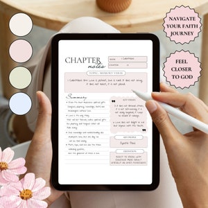 May include: A digital tablet displaying a chapter notes page with the title "Chapter Notes" and the topic "Love is patient, love is kind. It does not envy, it does not boast, it is not proud." The page includes a summary, key verses, key people, and a definition. The tablet is held by a hand with a stylus.