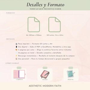 Detalles y formato de la Guía de Estudio Bíblico en Español: tamaños A4 y US Letter, 16 páginas, uso digital e impreso — Spanish Bible study guide specifications
