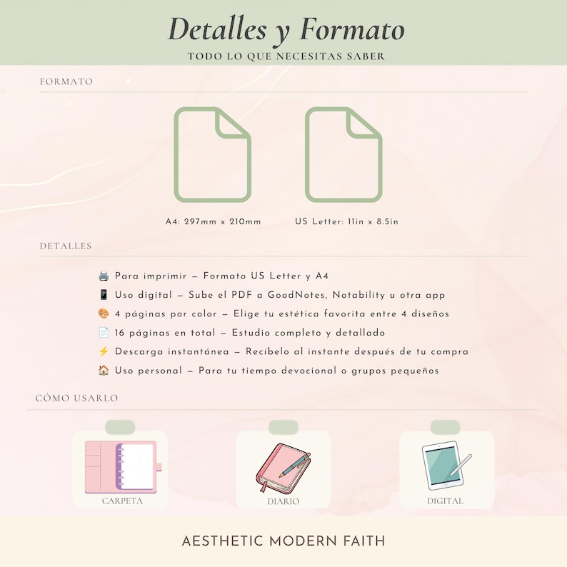 Detalles y formato de la Guía de Estudio Bíblico en Español: tamaños A4 y US Letter, 16 páginas, uso digital e impreso — Spanish Bible study guide specifications