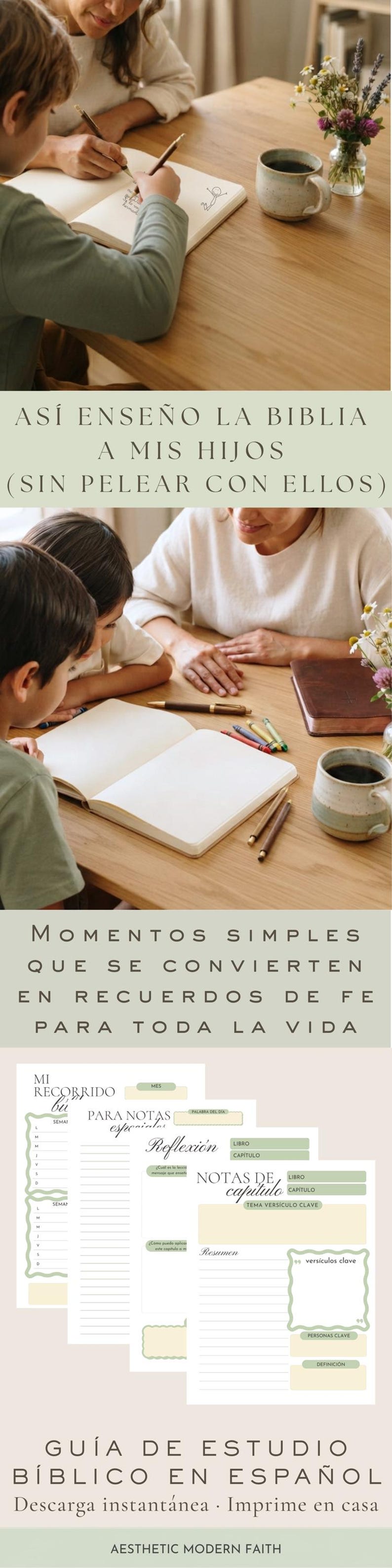 Guía de estudio bíblico en español para niños y familia — madre e hijos completando páginas de reflexión y notas de capítulo en la mesa, con Biblia, café y flores. Descarga instantánea, imprime en casa, Aesthetic Modern Faith.