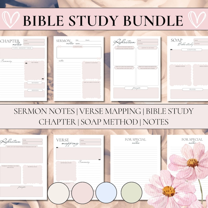 Modern Minimalist Bible Study Printable pages with structured layouts for Verse Mapping, Sermon Notes, Reflection, and the SOAP Method. The clean, elegant template is presented in a premium lifestyle mockup featuring real pink flowers and a gold pen, designed as a high-end Scripture journaling resource for a refined faith practice.
