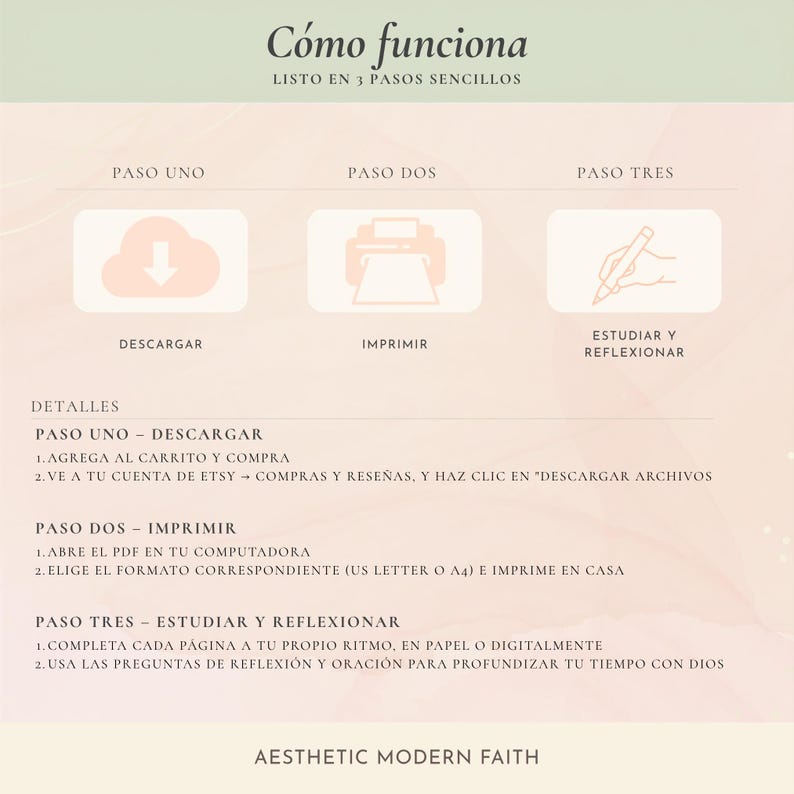 Cómo funciona la Guía de Estudio Bíblico en Español: descarga, imprime y estudia en 3 pasos sencillos — Spanish Bible study guide how-to-use instructions