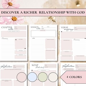 Modern Minimalist Bible Study collection featuring printable journal pages with sophisticated pink, blue, and green accents. This premium digital download includes structured layouts for Sermon Notes, Chapter Study, and Verse Mapping, alongside dedicated sections for personal Reflection and the SOAP Bible study method for an intentional faith practice.