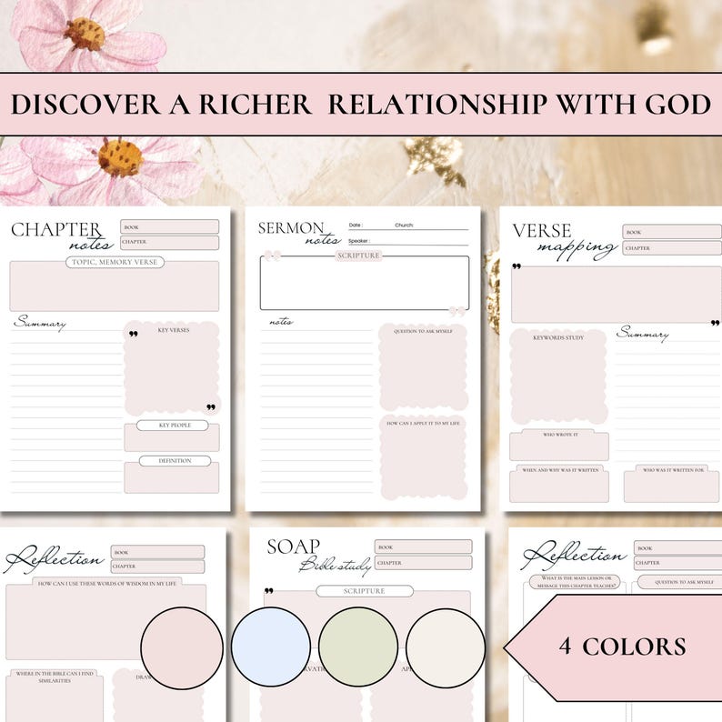 Modern Minimalist Bible Study collection featuring printable journal pages with sophisticated pink, blue, and green accents. This premium digital download includes structured layouts for Sermon Notes, Chapter Study, and Verse Mapping, alongside dedicated sections for personal Reflection and the SOAP Bible study method for an intentional faith practice.