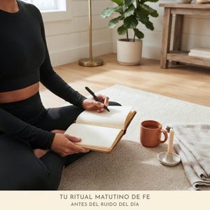 Mujer con ropa deportiva negra sentada sobre un tapete de yoga, escribiendo en un diario junto a una taza de té y una vela, disfrutando de su ritual matutino de fe con la Guía de Estudio Bíblico en Español.