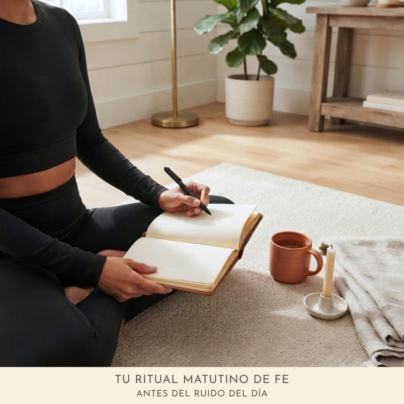 Mujer con ropa deportiva negra sentada sobre un tapete de yoga, escribiendo en un diario junto a una taza de té y una vela, disfrutando de su ritual matutino de fe con la Guía de Estudio Bíblico en Español.