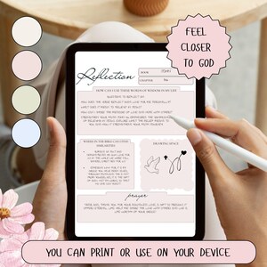 Digital reflection journal page displayed on a tablet with an aesthetic pink, white, and blue background, featuring the headline 'Feel Closer to God.' The structured layout includes specific, black-and-white sections for Reflection, Prayer, and Drawing, designed as a premium tool for quiet contemplation and meaningful Scripture journaling.
