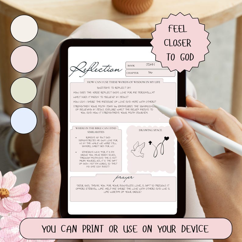 Digital reflection journal page displayed on a tablet with an aesthetic pink, white, and blue background, featuring the headline 'Feel Closer to God.' The structured layout includes specific, black-and-white sections for Reflection, Prayer, and Drawing, designed as a premium tool for quiet contemplation and meaningful Scripture journaling.