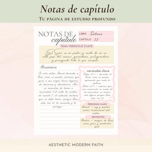 Página Notas de Capítulo de Estudio Bíblico en Español para estudio profundo, con resumen, versículos clave, personas clave y definiciones — Spanish Bible chapter study notes page