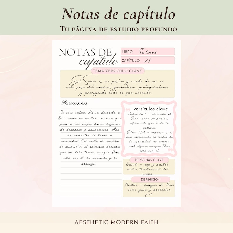 Página Notas de Capítulo de Estudio Bíblico en Español para estudio profundo, con resumen, versículos clave, personas clave y definiciones — Spanish Bible chapter study notes page