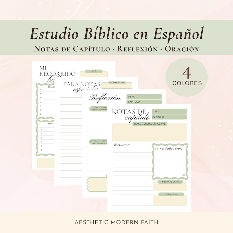 Plantilla imprimible de Estudio Bíblico en Español con notas de capítulo, reflexión y oración, diseño moderno en verde salvia — Bible study printable in Spanish