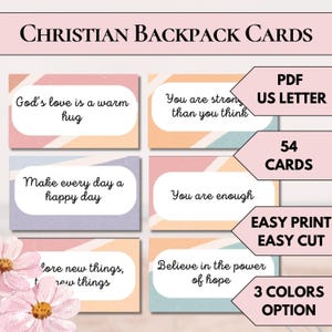 Peut inclure: Ensemble de cartes chrétiennes pour sac à dos avec des citations inspirantes, au format PDF US Letter. Les cartes présentent des phrases comme "L'amour de Dieu est une chaleureuse étreinte". Comprend 54 cartes avec 3 options de couleurs.