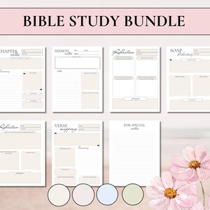 Premium 6-piece Bible Study Bundle featuring a modern minimalist cream and black color palette. The set includes professional templates for Verse Mapping, Scripture note-taking, and intentional reflection, presented in an elegant lifestyle mockup with soft pink floral accents for a refined journaling experience.