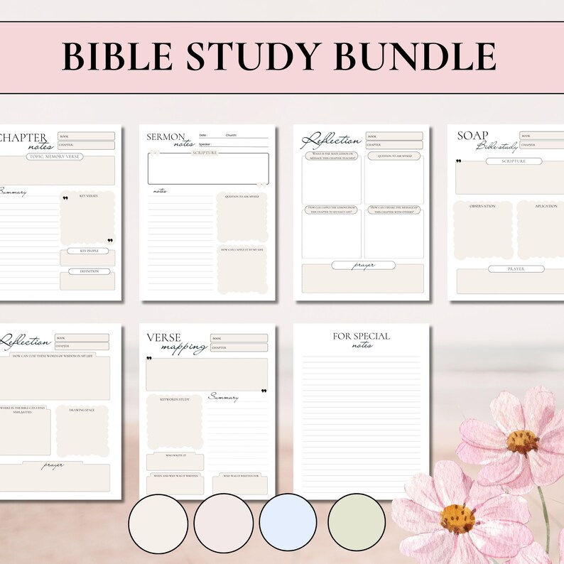 Premium 6-piece Bible Study Bundle featuring a modern minimalist cream and black color palette. The set includes professional templates for Verse Mapping, Scripture note-taking, and intentional reflection, presented in an elegant lifestyle mockup with soft pink floral accents for a refined journaling experience.