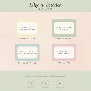 Guía de Estudio Bíblico en Español disponible en 4 colores — amarillo mantequilla, verde gris, azul gris y rosa pastel — Spanish Bible study guide color options