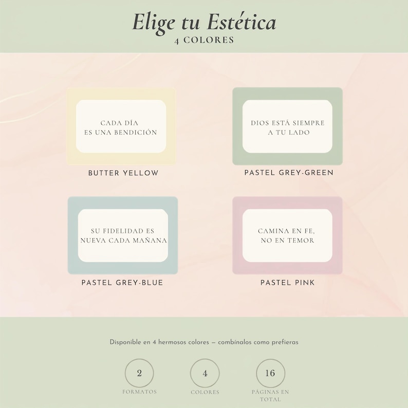 Guía de Estudio Bíblico en Español disponible en 4 colores — amarillo mantequilla, verde gris, azul gris y rosa pastel — Spanish Bible study guide color options
