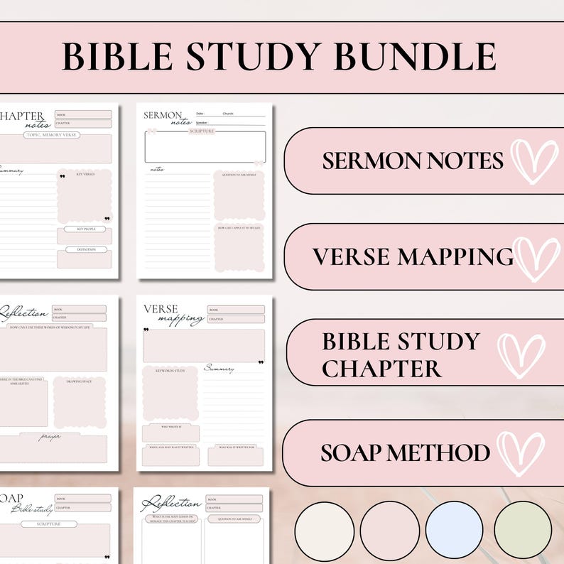 Premium 5-piece Pink and White Bible Study Bundle featuring minimalist templates for Sermon Notes, Verse Mapping, Chapter Study, SOAP Method, and Reflection. This aesthetic printable set includes intentional decorative accents and is designed as a high-end Scripture mapping resource for a refined Catholic and Christian journaling practice.