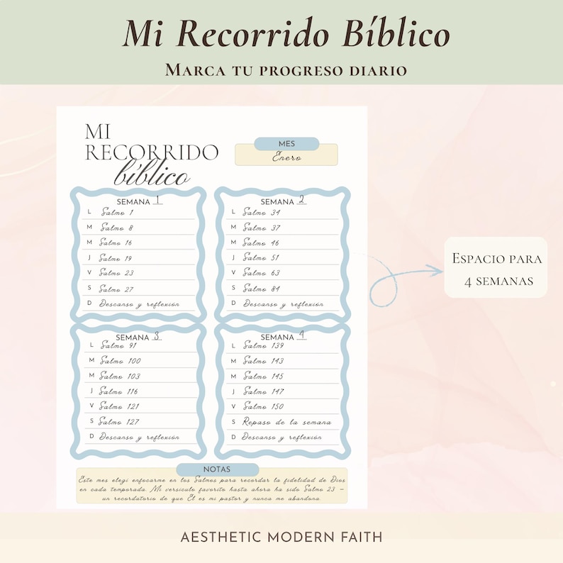 Página Mi Recorrido Bíblico para marcar el progreso diario de lectura, con espacio para 4 semanas — Spanish Bible reading tracker printable page