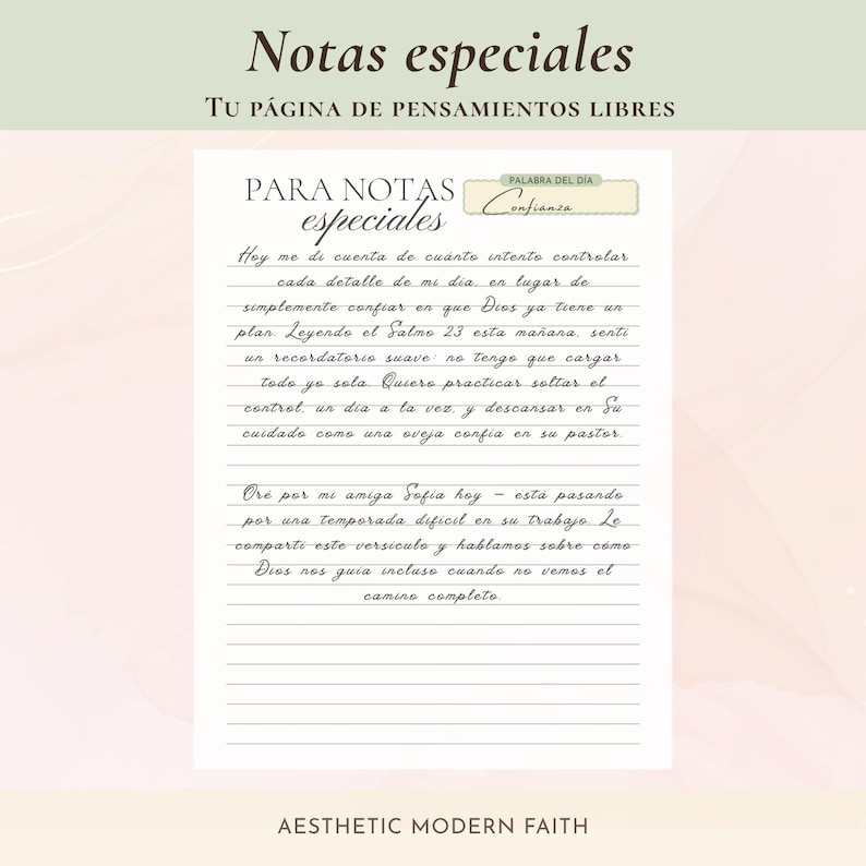 Página Para Notas Especiales de Estudio Bíblico en Español con Palabra del Día y espacio de escritura libre — Spanish Bible study free-writing journal page