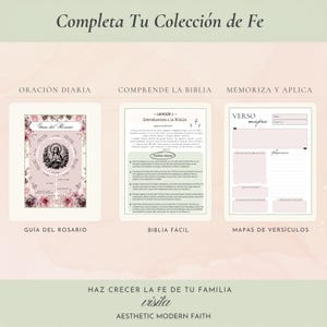 Guía de estudio bíblico en español y colección de fe para la familia — guía del rosario, biblia fácil y mapas de versículos, imprimibles cristianos para orar, estudiar y memorizar. Completa tu colección de fe, Aesthetic Modern Faith.