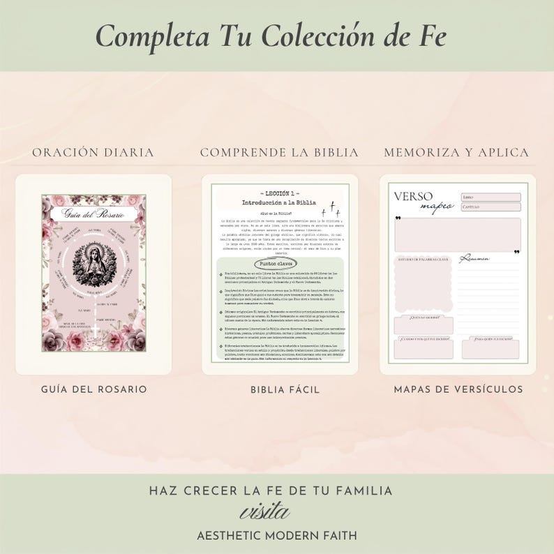 Guía de estudio bíblico en español y colección de fe para la familia — guía del rosario, biblia fácil y mapas de versículos, imprimibles cristianos para orar, estudiar y memorizar. Completa tu colección de fe, Aesthetic Modern Faith.