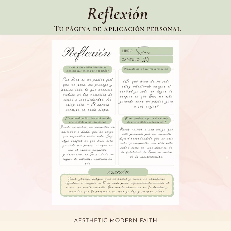 Página de Reflexión de Estudio Bíblico en Español, con preguntas de aplicación personal y oración de cierre — Spanish Bible study reflection and prayer page
