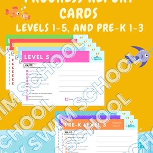 May include: Swim lesson progress report cards for levels 1-5 and Pre-K 1-3. The cards are in various colors, with a pink Level 5 card and a purple Pre-K Level 3 card. The cards have spaces for the student's name and progress tracking.