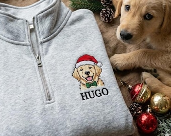Embroidered Pet Portrait Quarter Zip Sweatshirt, Christmas Dog Sweatshirt, Personalised Pet Christmas Sweatshirt with Portrait Photo