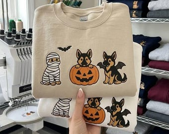 Halloween Dog Embroidered Sweatshirt, German Shepherd Pumpkin Shirt, Cute Spooky Dog Lover Gift, Mummy Dog Pullover, Fall Halloween Sweater