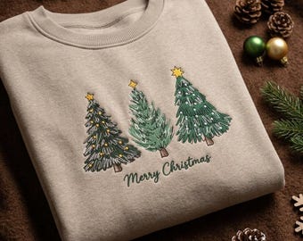 Sweatshirt with Embroidered Christmas Tree, Christmas tree Crewneck, Merry Christmas Shirt, Christmas Gift