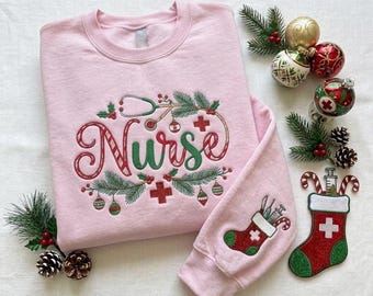 Nurse Christmas Embroidered Sweatshirt, Christmas Nurse Crewneck, Gothic Medical Shirt, Holiday Shirt, Nurse Gift