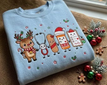 Christmas Embroidered Sweatshirt, Cute Medical Christmas Crewneck, Nurse Holiday Gift, Reindeer Stethoscope Shirt, Healthcare Worker Gift