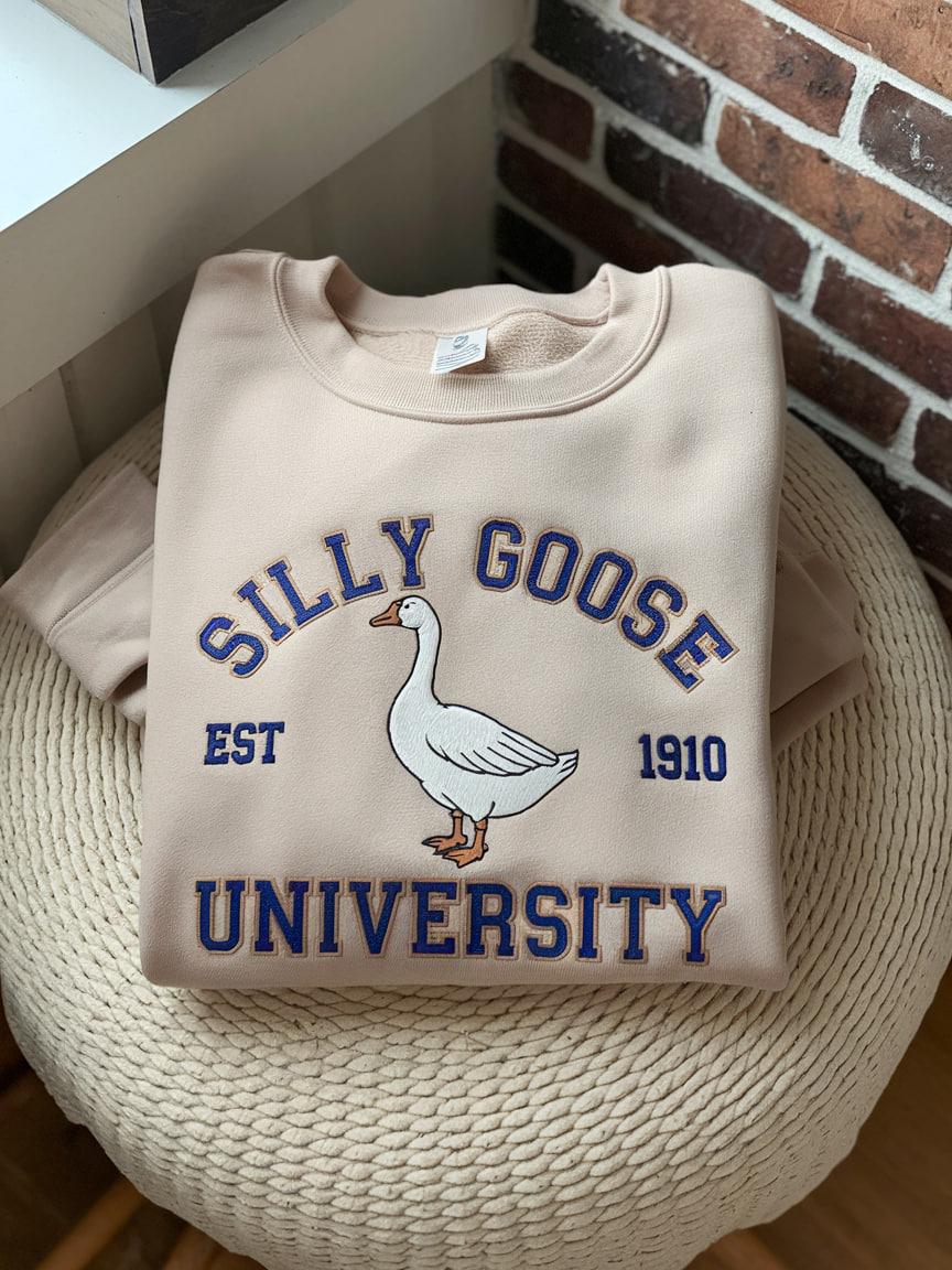Embroidered Silly Goose University Sweatshirt: Vintage Collegiate Style