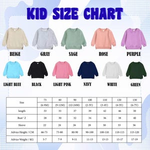 Puede incluir: Tabla de tallas para ni&ntilde;os con sudaderas en beige, gris, salvia, rosa, morado, azul claro, negro, rosa claro, marino, blanco y verde. La tabla incluye talla, largo (84-127 cm), busto, manga, altura y peso (5-19 kg).