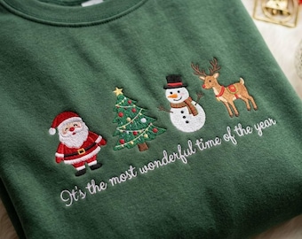 Most Wonderful Time Embroidered Sweatshirt, Christmas Pullover, Santa Snowman Reindeer Crewneck, Holiday Sweater Gift,  Christmas Gift