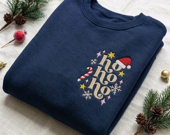 Ho Ho Ho Embroidered Sweatshirt, Christmas Crewneck Sweatshirt, Xmas Holiday Shirt, Christmas Gift