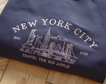 Sudadera bordada de la ciudad de Nueva York: cuello redondo vintage de Nueva York