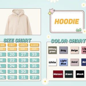 Puede incluir: Una sudadera con capucha beige con cord&oacute;n y bolsillo delantero. La imagen tambi&eacute;n incluye una tabla de tallas con medidas en pulgadas y una carta de colores con varias opciones, incluyendo verde militar, gris y negro.