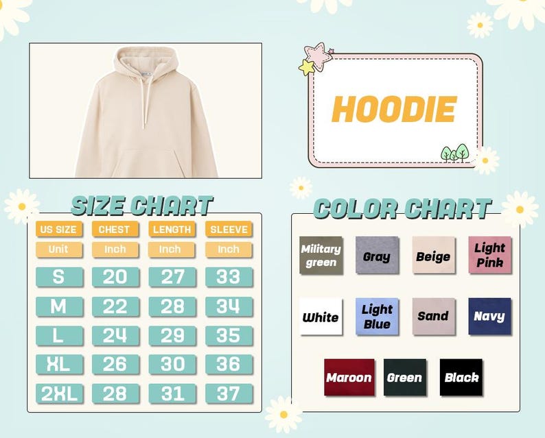 Puede incluir: Una sudadera con capucha beige con cord&oacute;n y bolsillo delantero. La imagen tambi&eacute;n incluye una tabla de tallas con medidas en pulgadas y una carta de colores con varias opciones, incluyendo verde militar, gris y negro.