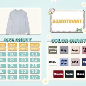 Puede incluir: Una sudadera gris claro con cuello redondo. La imagen incluye una tabla de tallas con medidas en pulgadas y una tabla de colores con opciones como gris, beige y marino. Se muestra el texto "SWEATSHIRT".